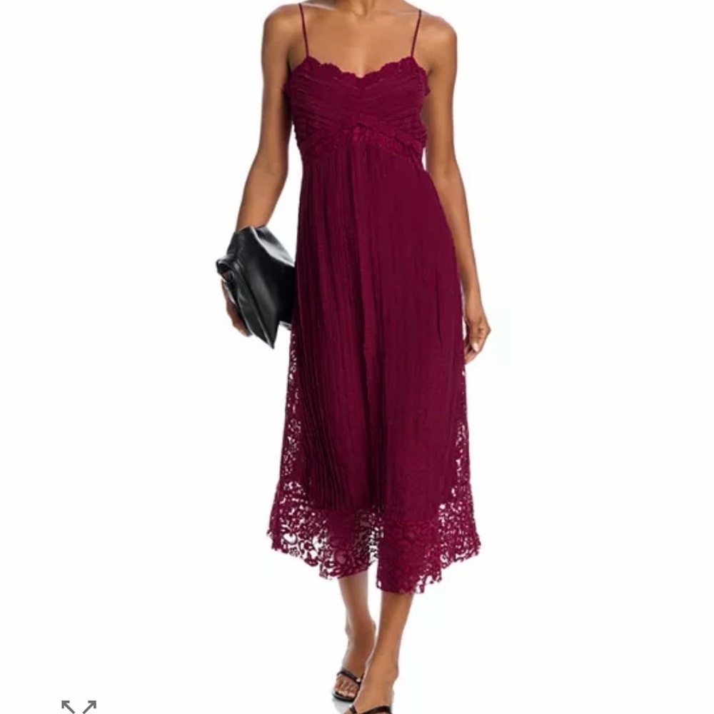 Farm-Rio Spaghetti Strap Lace-Trim Midi Dress in a dark red.